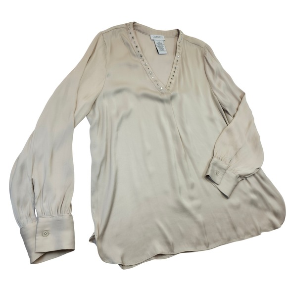 Carmen Marc Valvo V Neck Embellished Long Sleeve Blouse Top M M Beige Polyester - Picture 4 of 9